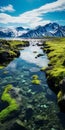 Majestic River With Moss And Mountain Backdrop
