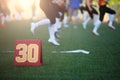 Photo of soccer field with number thirty running football players on blurred background on summer day