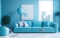 Photo sofa in a living room interior in modern style with blue and navy painted walls, 3d render Royalty Free Stock Photo