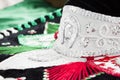 Photo of sombrero lying on the mexican tricolor flag, abstract background for Mexico Independence Day