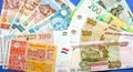 Photo of somoni bank notes from Tajikistan and Russian ruble bank notes