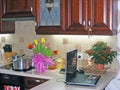 Photo of spacious wooden kitchen interior neat furnished red