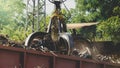 Photo of special claw gripper lfrabbing and lifting metal waste on scrapyard