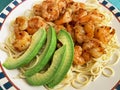 Spicy Shrimp, Pasta and Avocado Slices