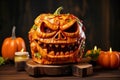 Photo of a spooky carved pumpkin on a rustic wooden table. Halloween hamburger. Festive meal. Jack lantern