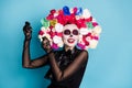 Photo of spooky monster undead creature lady funny latin dance pretend have maracas exotic country carnival wear black Royalty Free Stock Photo