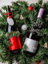 Photo of spruce branches with two bottles of wine, blank greeting card Royalty Free Stock Photo