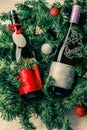 Photo of spruce branches with two bottles of wine, blank greeting card Royalty Free Stock Photo