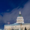 Photo Square Facade of majestic Utah State Capital Building glowing against sky and clouds Royalty Free Stock Photo