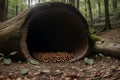 Squirrels\' acorn stash hidden in a hollow log