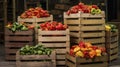 A Photo of a Stack of Wooden Crates Filled with Fresh Peppers Royalty Free Stock Photo