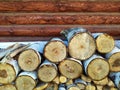 Photo of stacks of logs made of natural wood. Background. Harvesting firewood for the winter. Heated houses. Texture Royalty Free Stock Photo