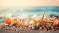 starfish and shell composition in sand beach with blur background Royalty Free Stock Photo