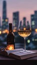 Photo Stay home luxury white wine, book, spectacles, city lights serenity