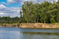 Photo of a steep river Bank on a bright Sunny day against a cloudy sky. The sandy beach is overgrown with poplars