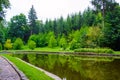 Photo of stone road near the lake in green park at summer Royalty Free Stock Photo