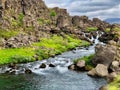 A photo of a stream with rocks and cloudy sky at Thingvellir National Park