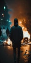 Photo of street during night street riots created with Generative AI technology