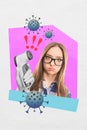 Photo of stressed young lady collage picture worried person has high temperature during the test coronavirus isolated on