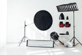 Photo studio accessories photographer flashes white background Royalty Free Stock Photo