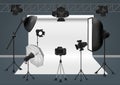 Photo studio with camera, lighting equipment flash spotlight, softbox and background. Vector illustration. Royalty Free Stock Photo