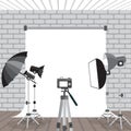 Photo studio equipment. Flashlights, photo umbrellas, photo rack