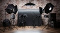 Photo studio equipment setup with cameras, tripods, lighting, softboxes, and backdrops