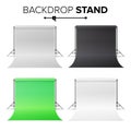 Photo Studio Hromakey Set Vector. Modern Photo Studio. Black, White, Green Backdrop Stand Tripods. Realistic 3D Template