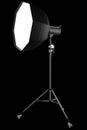 Photo studio lighting stands with flash and softbox isolated on the black. Royalty Free Stock Photo