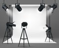 Photo studio with spotlights and white background Royalty Free Stock Photo