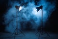 A photo studio with two large softbox lights shining on the floor, surrounded by smoke. Generative AI. Royalty Free Stock Photo
