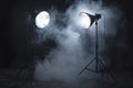 A photo studio with two large softbox lights shining on the floor, surrounded by smoke. Generative AI. Royalty Free Stock Photo