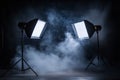 A photo studio with two large softbox lights shining on the floor, surrounded by smoke. Generative AI. Royalty Free Stock Photo