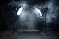 A photo studio with two large softbox lights shining on the floor, surrounded by smoke. Generative AI. Royalty Free Stock Photo