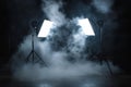 A photo studio with two large softbox lights shining on the floor, surrounded by smoke. Generative AI. Royalty Free Stock Photo