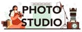 Photo studio typographic header. Professional photographer with camera
