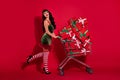 Photo of stunning classy young santa helper wear elf dress looking empty space buying noel gifts smiling isolated red Royalty Free Stock Photo