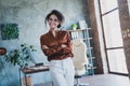 Photo of stunning friendly lawyer lady crossed arms posing bright spacious business center office inside Royalty Free Stock Photo