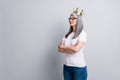 Photo of stunning gorgeous senior lady wear casual outfit eyeglasses queen crown looking empty space isolated grey color