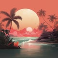 Romantic Moonlit Seascapes: Art Painting Of Tropical Island In Pink Sunset