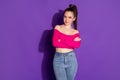 Photo of stunning magnificent girl cross hands wear bright clothes isolated over purple color background Royalty Free Stock Photo