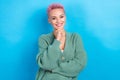Photo of stunning worker lady pink short hairdo intelligent person wear green oversize cardigan isolated blue color