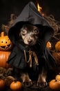 Photo of a stylish small dog wearing a black coat and a hat, surrounded by pumpkins