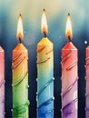 Photo Of Stylized Birthday Candles In A Row, Hand Drawn Cartoon Watercolor Sketch Illustration. Generative AI Royalty Free Stock Photo