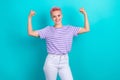 Photo of successful motivation feminism strong lady showing her two hands fists up strength big biceps isolated on cyan Royalty Free Stock Photo