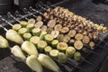 Photo of Summer grilling food. Raw vegetables on skewers