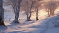 Lonely Alders: A Winter Wonderland Captured In Golden Light Royalty Free Stock Photo