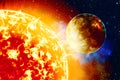 Photo of the sun in space. Close up view of a burning sun in space. Plasma Background. 3d illustration