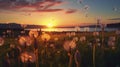 A photo of sunset, dandelions blowing in the wind, fantastic realism. Generative AI Royalty Free Stock Photo