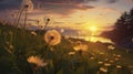 A photo of sunset, dandelions blowing in the wind, fantastic realism. Generative AI Royalty Free Stock Photo